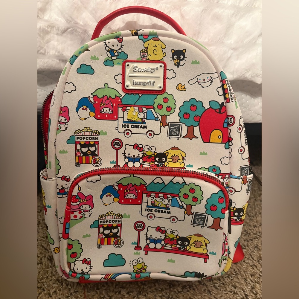 Loungefly Cream Backpack with Colorful Cartoon Print hello kitty and friends